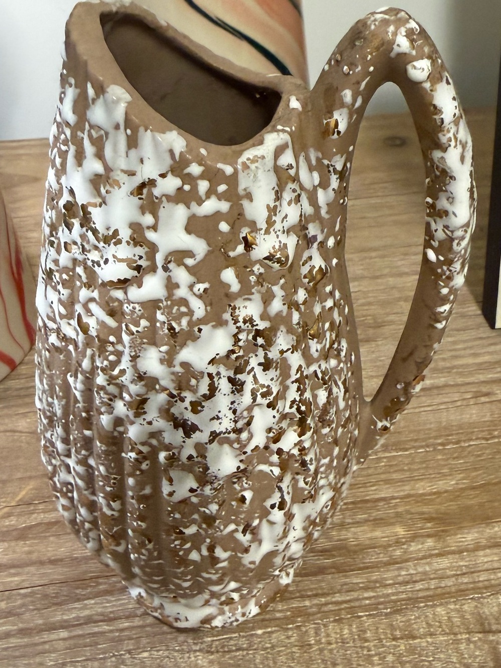 Mid Century Savoy China Deena Taupe Pitcher Vase With Gold and White Splatters
